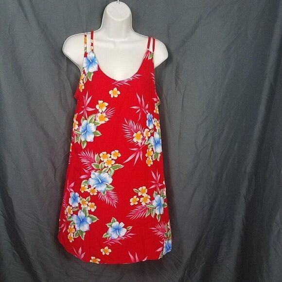 Tiki Palm Medium Red Sleeveless Floral Pull On Shift Dress Rayon Knee Length M - Picture 9 of 16